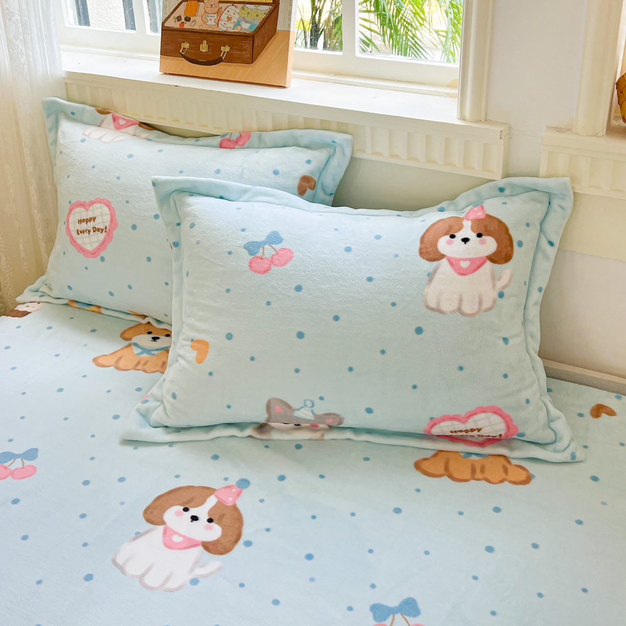 91家纺网 家纺一手货源 找家纺 启发 2025新款高克重双面牛奶绒印花系列床单三件套 开心萌宠