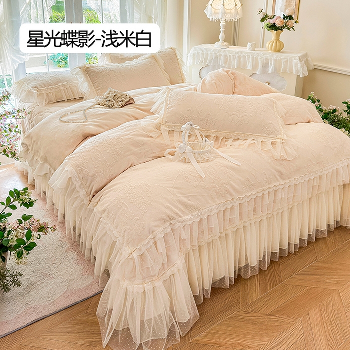 虹星家纺 2025新款法式雕花牛奶绒花边床盖四件套-星光碟影 星光蝶影-浅米白