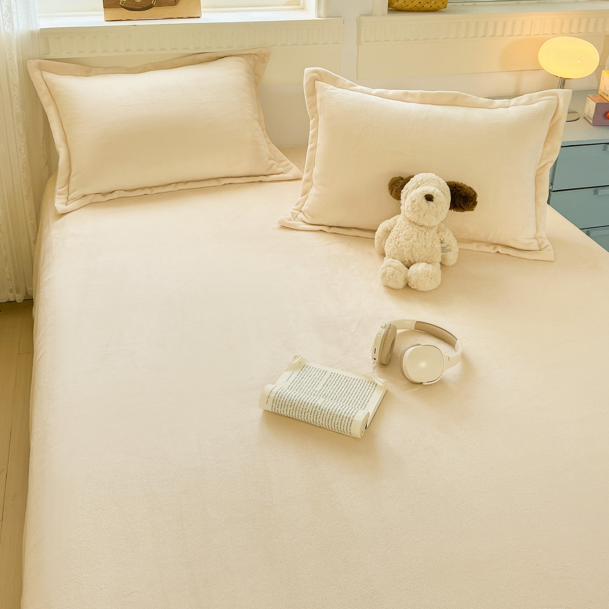 91家纺网 家纺一手货源 找家纺 启发 2025新款高克重双面牛奶绒印花系列床单三件套 米白