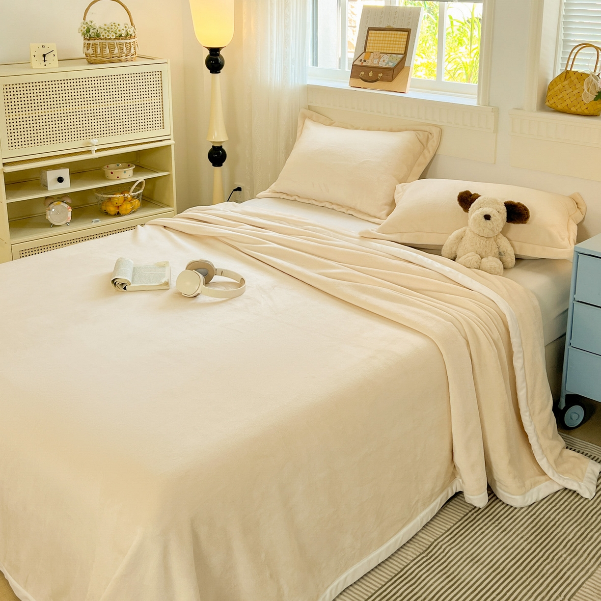 91家纺网 家纺一手货源 找家纺 启发 2025新款高克重双面牛奶绒印花系列床单三件套 米白