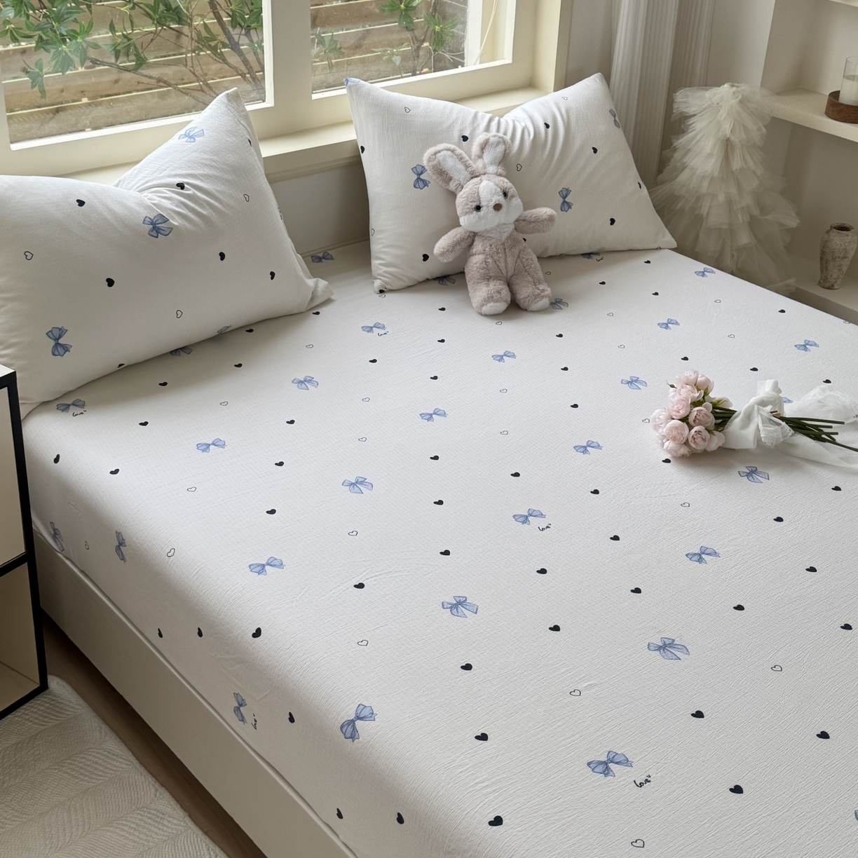 91家纺网 家纺一手货源 找家纺 叠派家纺 2025新款A类双层纱提花单品床笠系列 爱心蝴蝶结