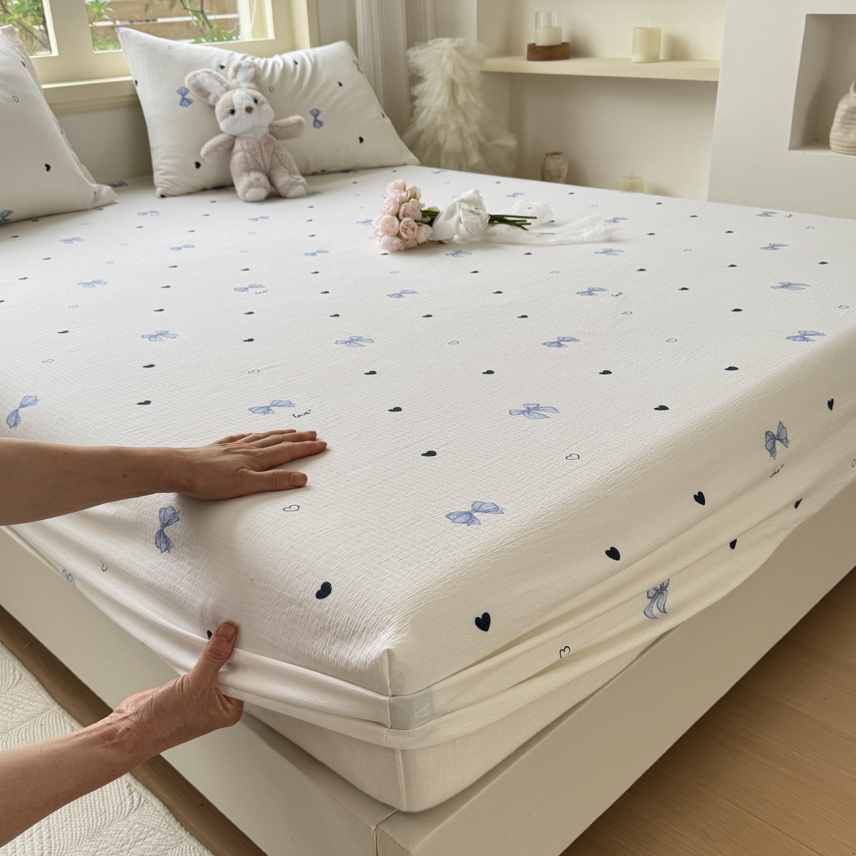 91家纺网 家纺一手货源 找家纺 叠派家纺 2025新款A类双层纱提花单品床笠系列 爱心蝴蝶结