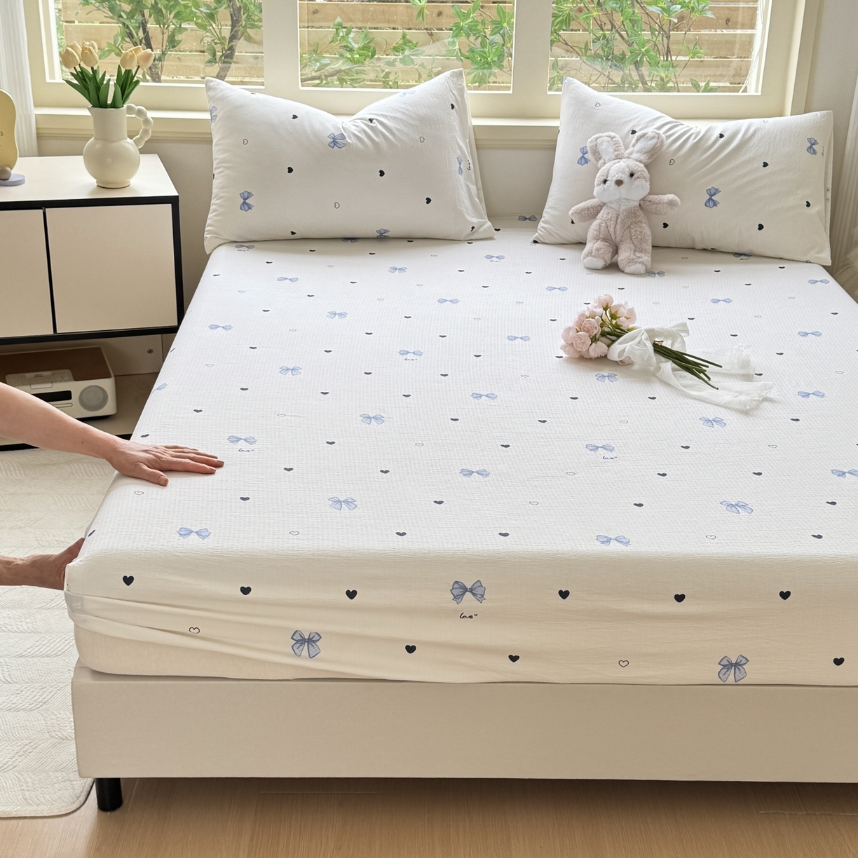 91家纺网 家纺一手货源 找家纺 叠派家纺 2025新款A类双层纱提花单品床笠系列 爱心蝴蝶结