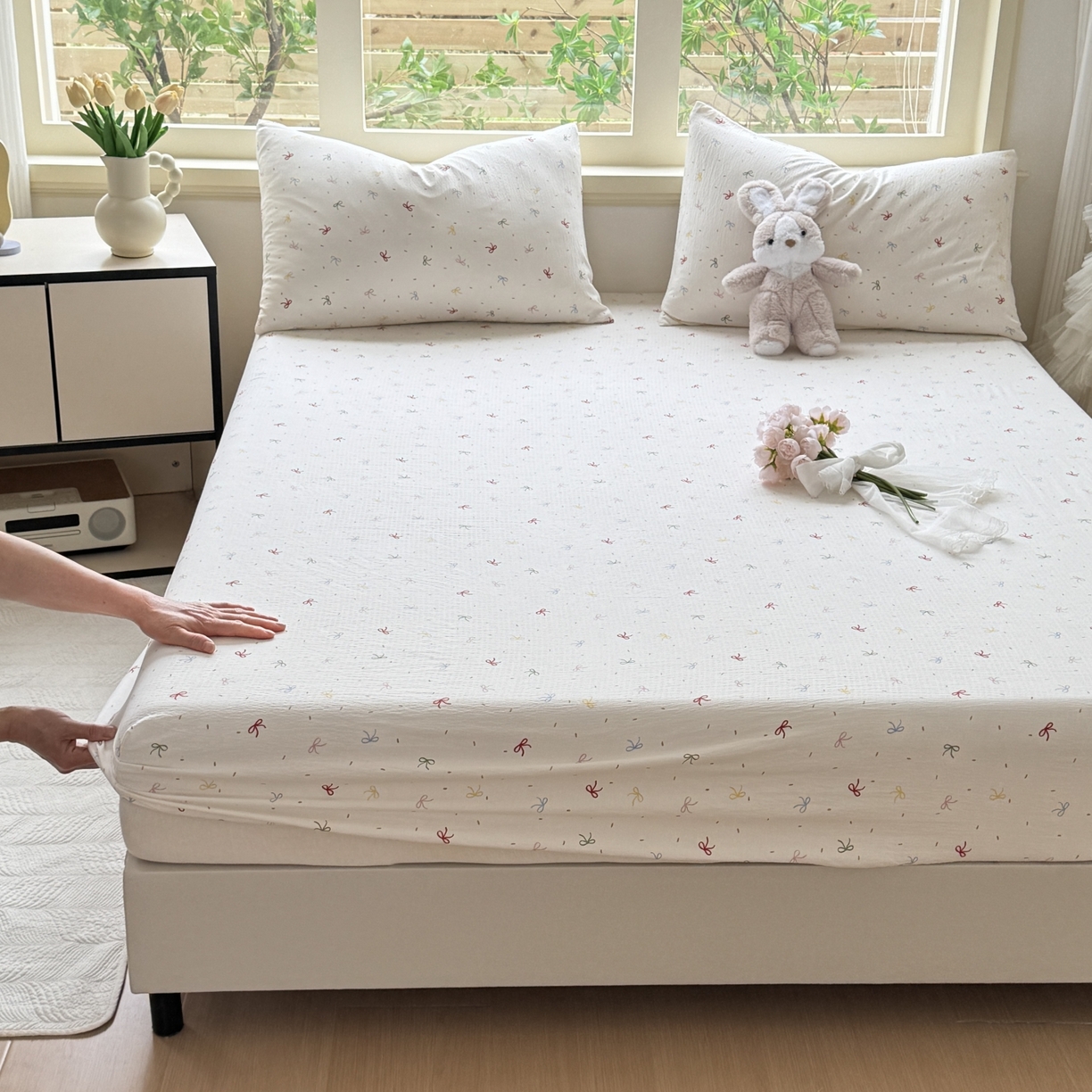 91家纺网 家纺一手货源 找家纺 叠派家纺 2025新款A类双层纱提花单品床笠系列 彩色蝴蝶结