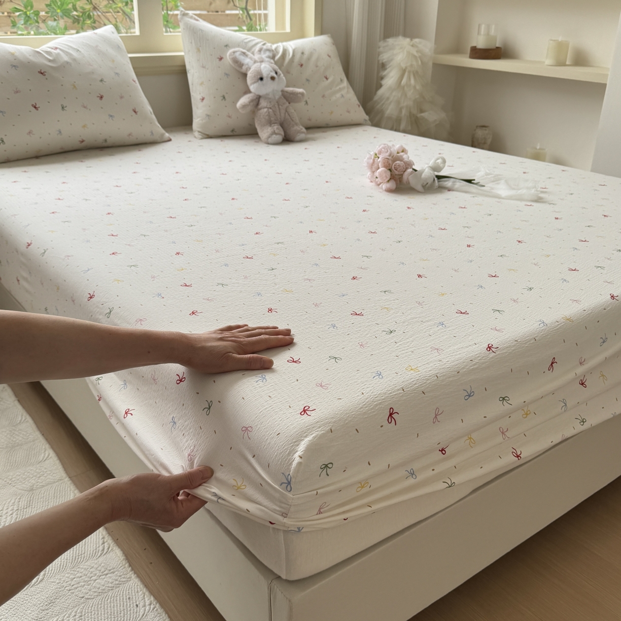 91家纺网 家纺一手货源 找家纺 叠派家纺 2025新款A类双层纱提花单品床笠系列 彩色蝴蝶结