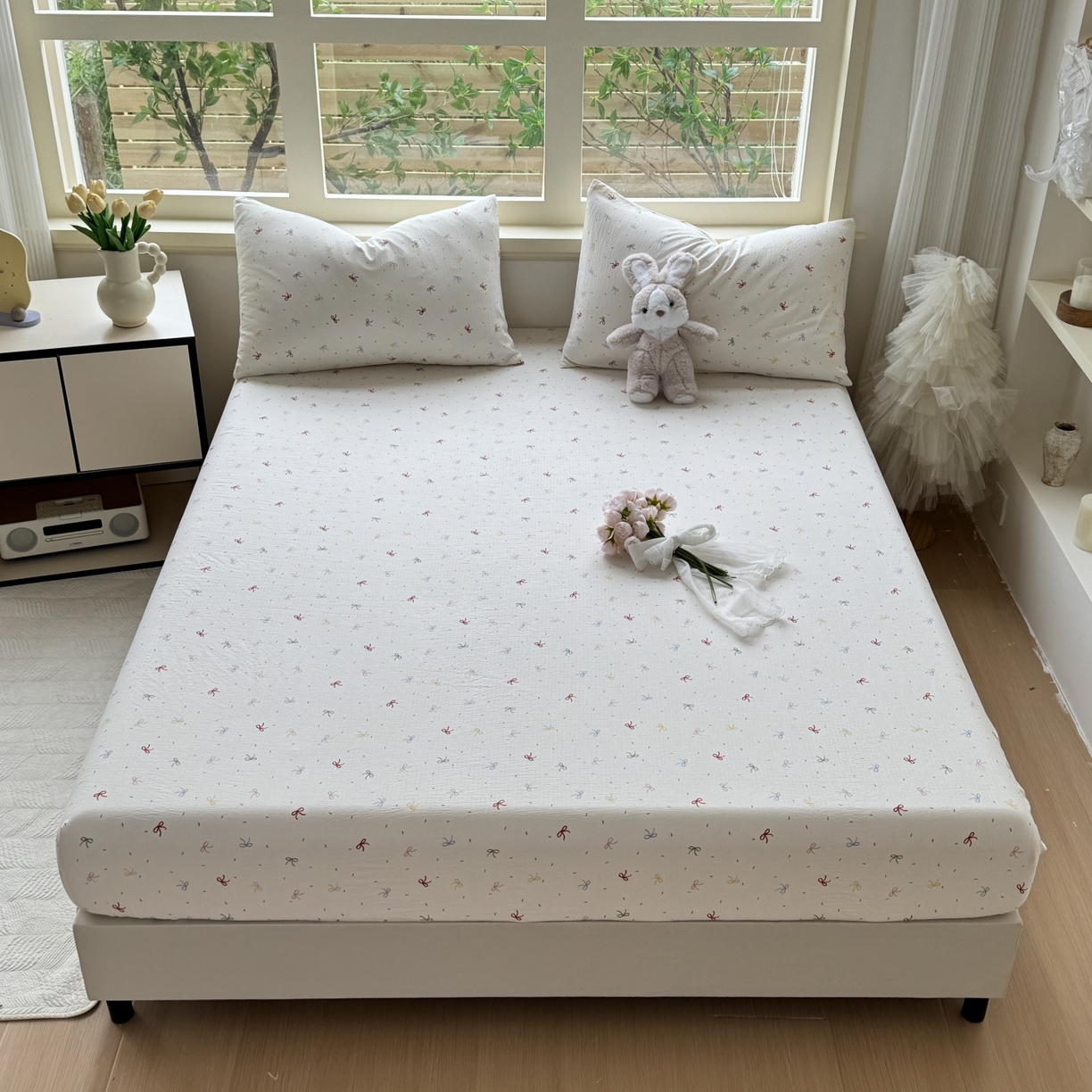 91家纺网 家纺一手货源 找家纺 叠派家纺 2025新款A类双层纱提花单品床笠系列 彩色蝴蝶结