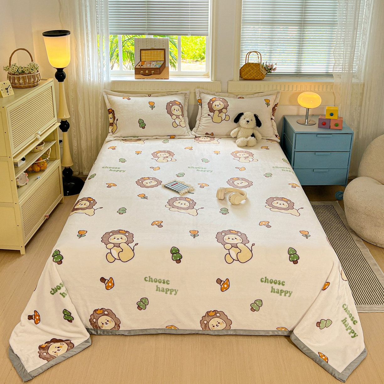 91家纺网 家纺一手货源 找家纺 启发 2025新款高克重双面牛奶绒印花系列床单三件套 小狮子