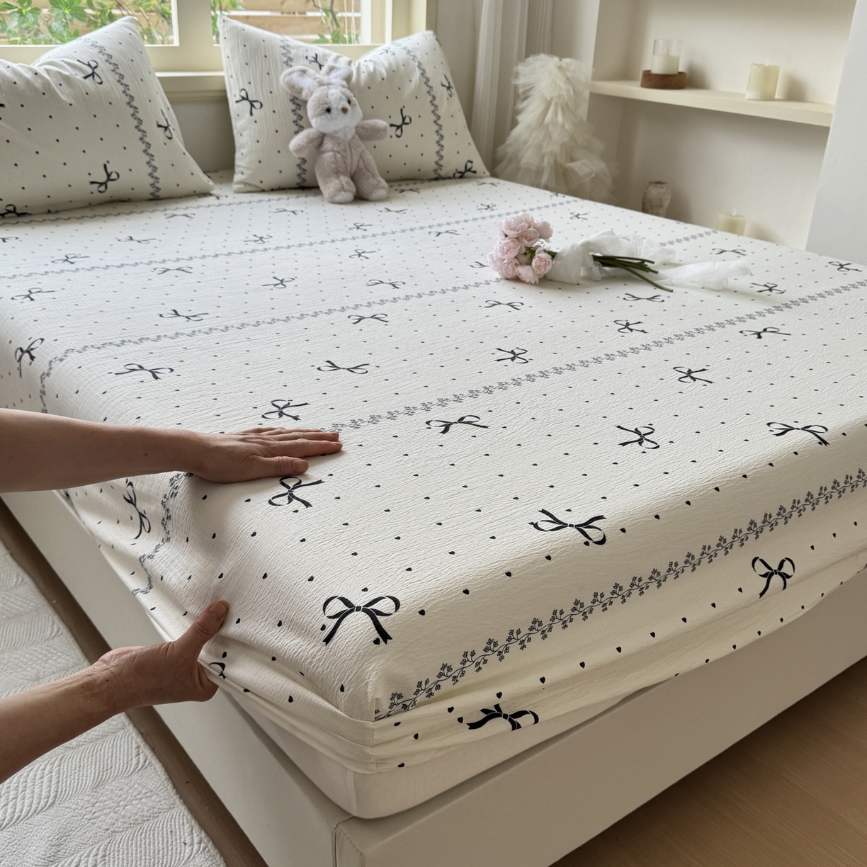 91家纺网 家纺一手货源 找家纺 叠派家纺 2025新款A类双层纱提花单品床笠系列 蝴蝶结