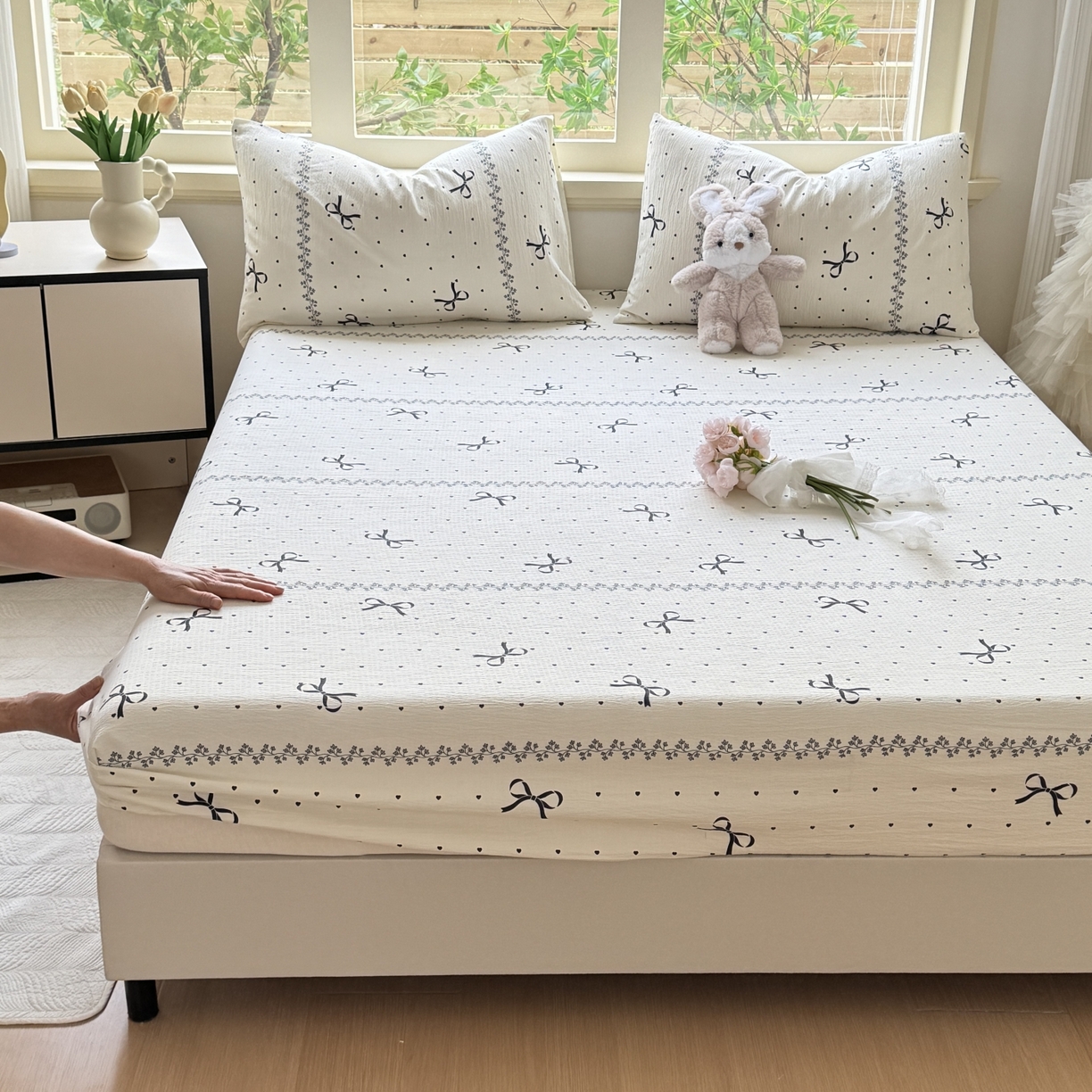 91家纺网 家纺一手货源 找家纺 叠派家纺 2025新款A类双层纱提花单品床笠系列 蝴蝶结