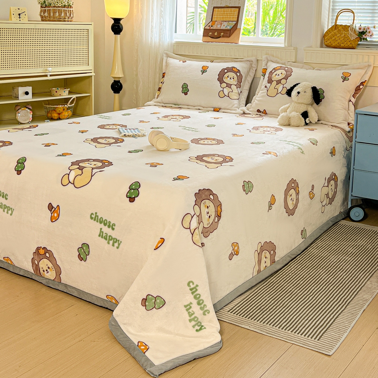 91家纺网 家纺一手货源 找家纺 启发 2025新款高克重双面牛奶绒印花系列床单三件套 小狮子