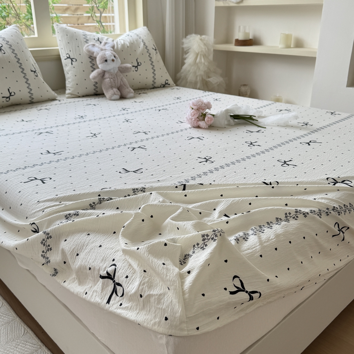 91家纺网 家纺一手货源 找家纺 叠派家纺 2025新款A类双层纱提花单品床笠系列 蝴蝶结