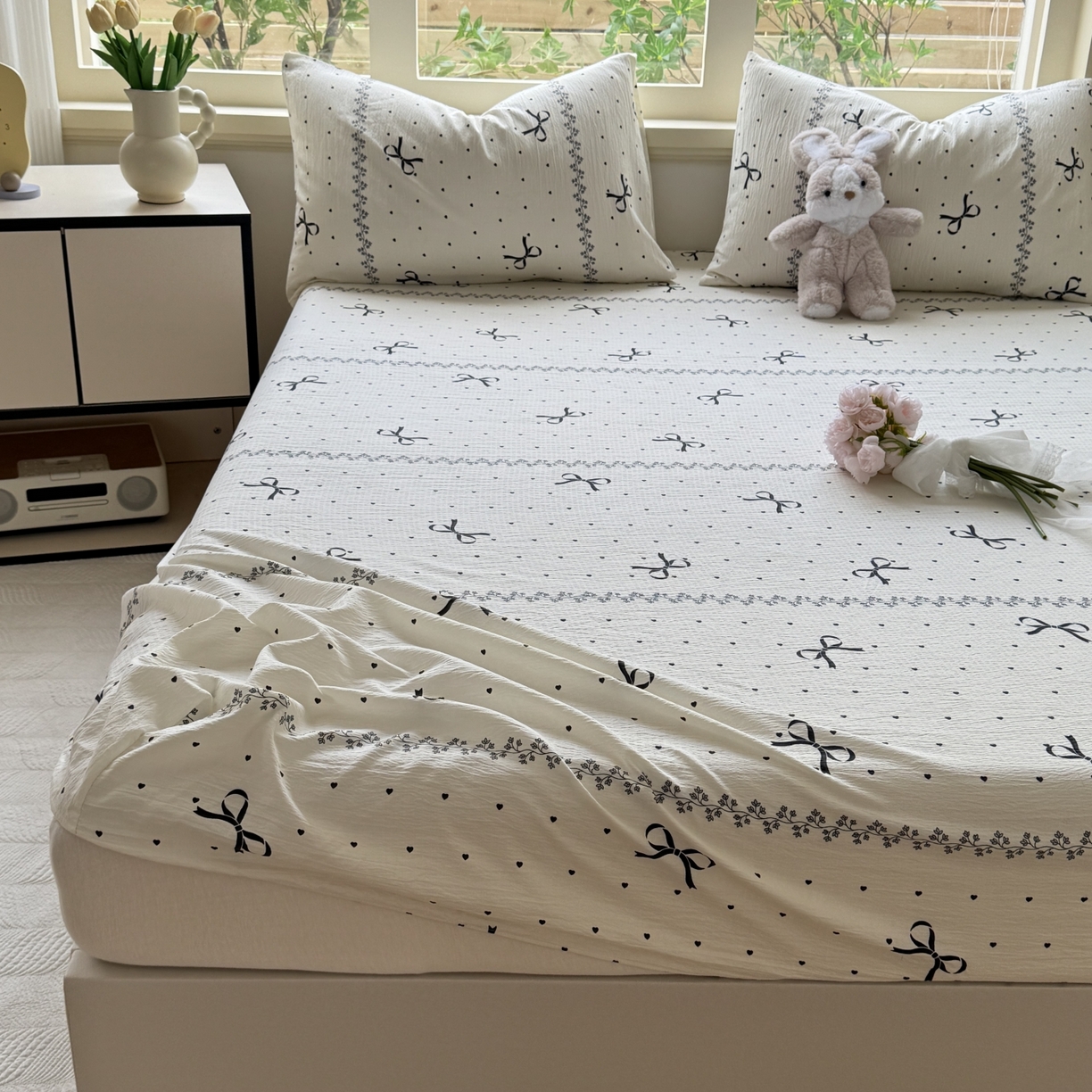 91家纺网 家纺一手货源 找家纺 叠派家纺 2025新款A类双层纱提花单品床笠系列 蝴蝶结