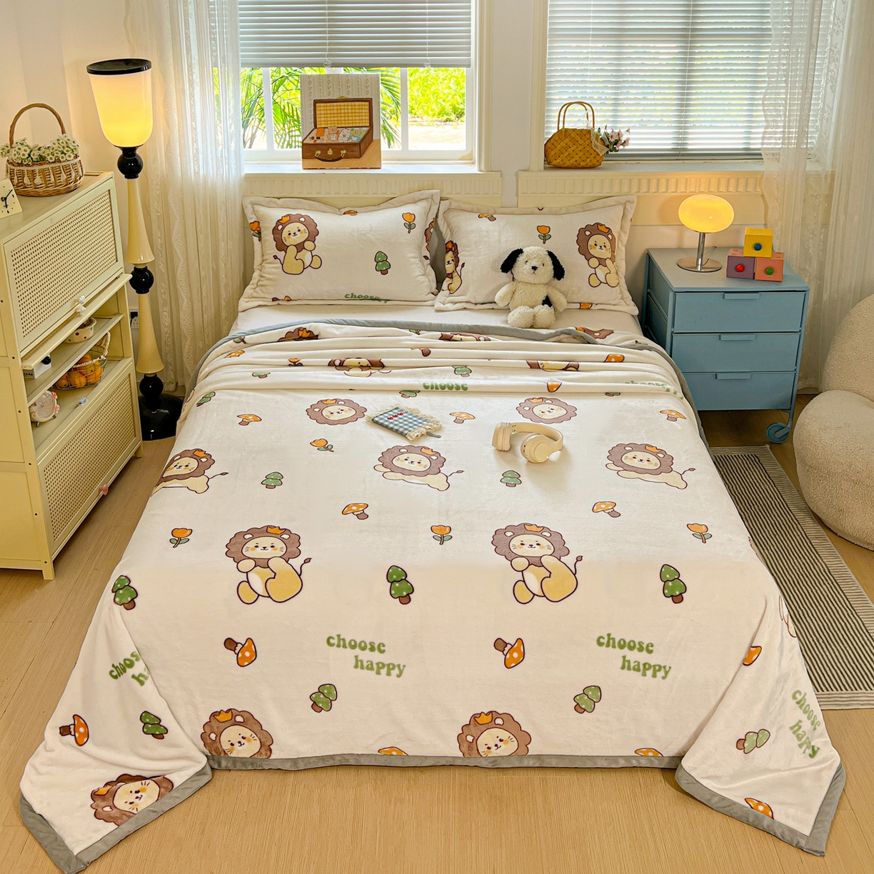 91家纺网 家纺一手货源 找家纺 启发 2025新款高克重双面牛奶绒印花系列床单三件套 小狮子