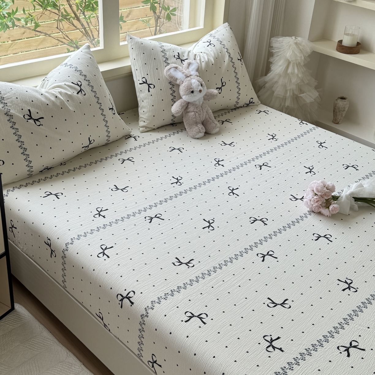 91家纺网 家纺一手货源 找家纺 叠派家纺 2025新款A类双层纱提花单品床笠系列 蝴蝶结