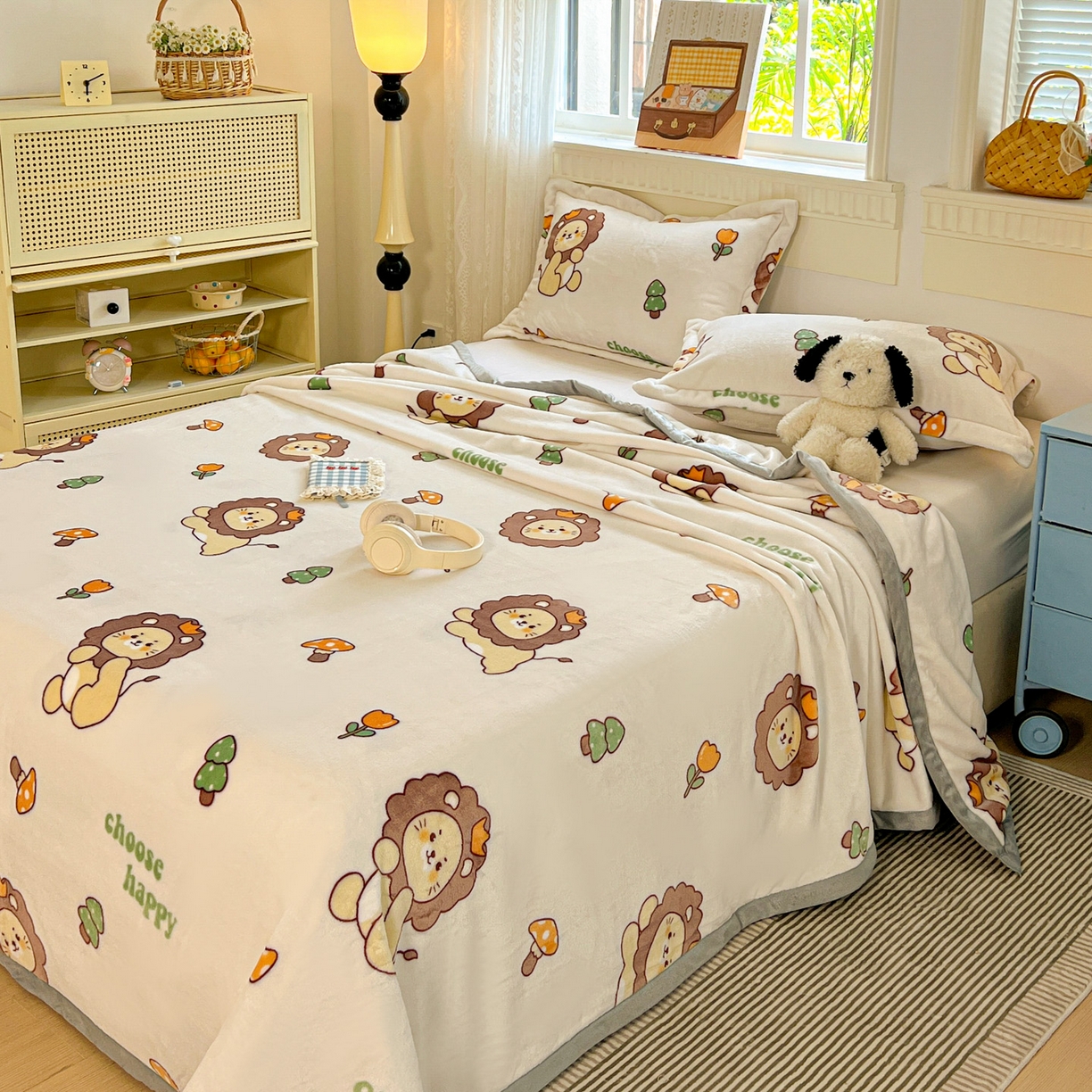 91家纺网 家纺一手货源 找家纺 启发 2025新款高克重双面牛奶绒印花系列床单三件套 小狮子