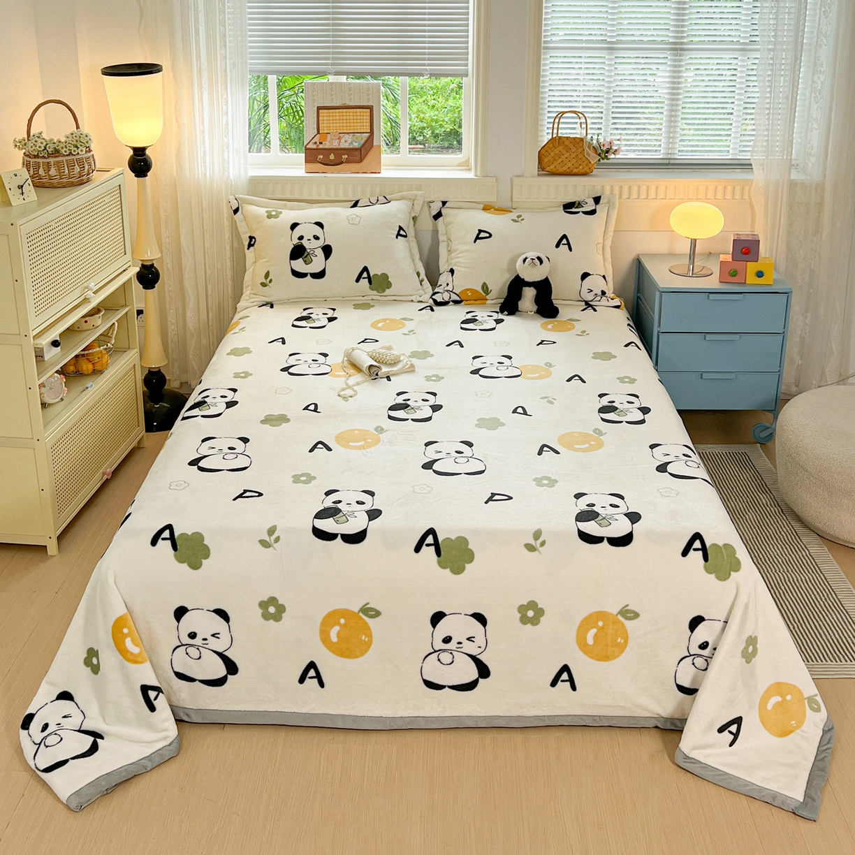 91家纺网 家纺一手货源 找家纺 启发 2025新款高克重双面牛奶绒印花系列床单三件套 小熊猫