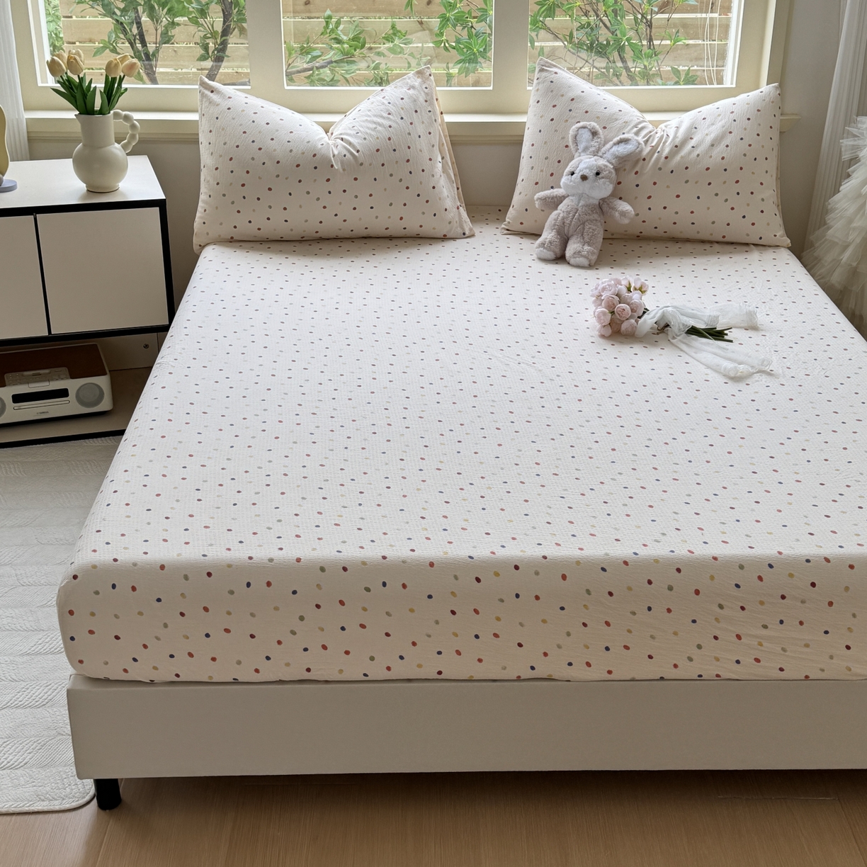 91家纺网 家纺一手货源 找家纺 叠派家纺 2025新款A类双层纱提花单品床笠系列 奶油波点