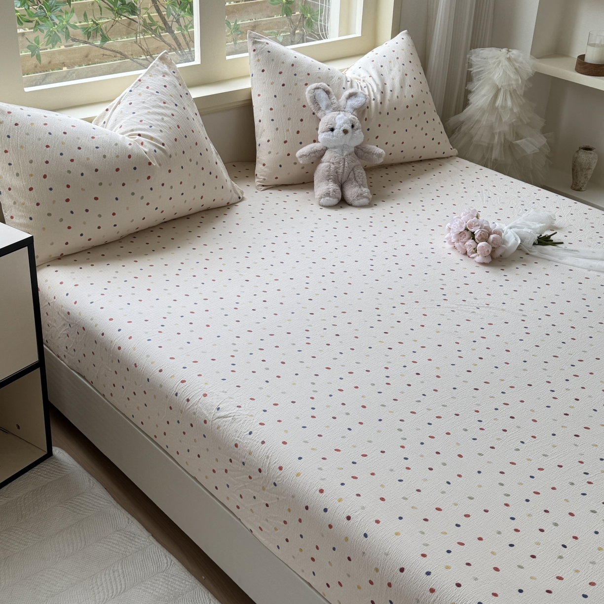 91家纺网 家纺一手货源 找家纺 叠派家纺 2025新款A类双层纱提花单品床笠系列 奶油波点