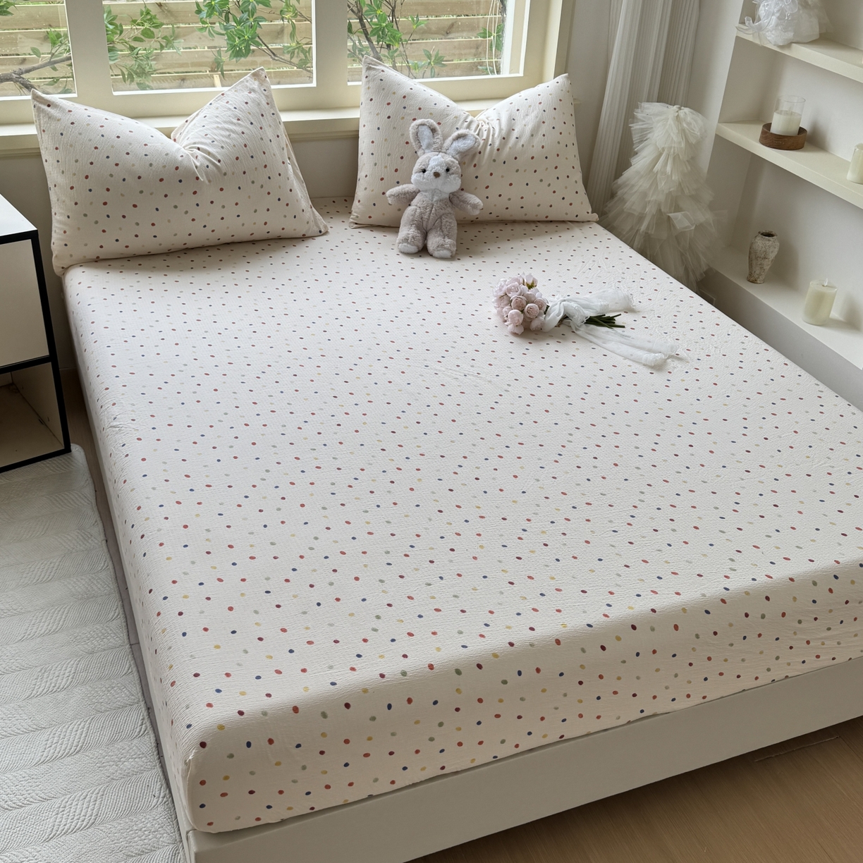 91家纺网 家纺一手货源 找家纺 叠派家纺 2025新款A类双层纱提花单品床笠系列 奶油波点