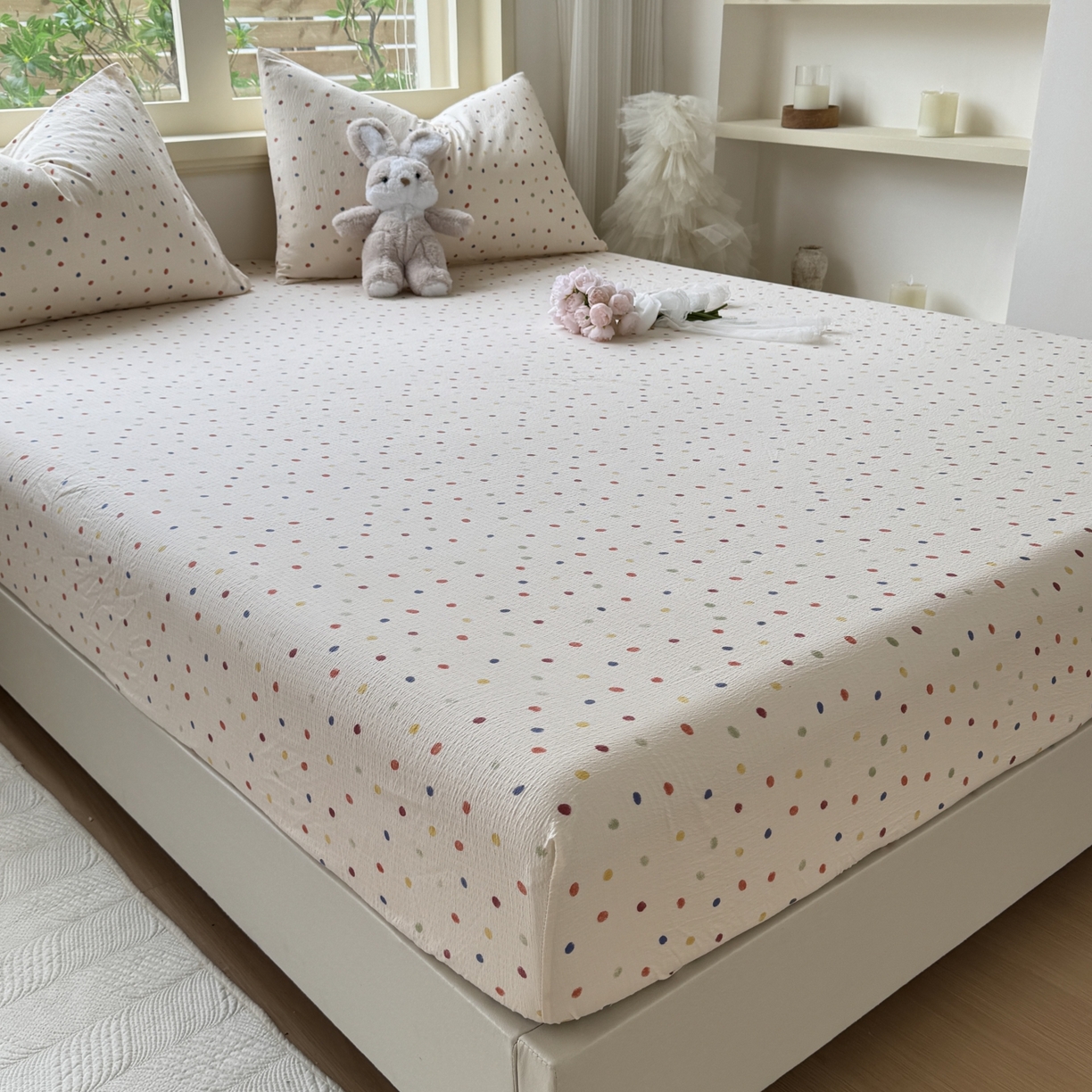 91家纺网 家纺一手货源 找家纺 叠派家纺 2025新款A类双层纱提花单品床笠系列 奶油波点