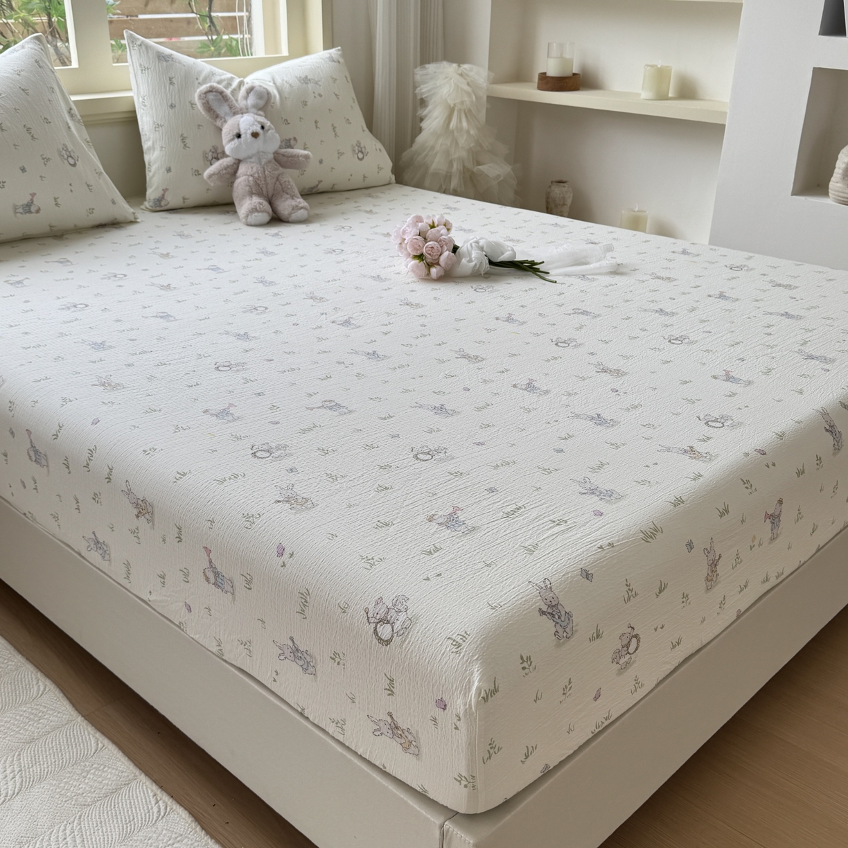 91家纺网 家纺一手货源 找家纺 叠派家纺 2025新款A类双层纱提花单品床笠系列 音乐小兔