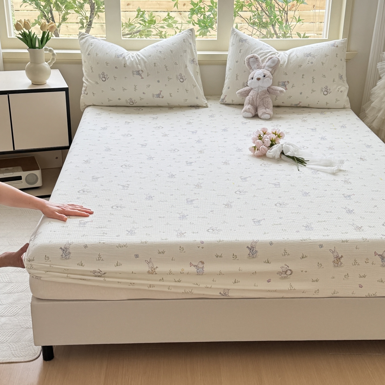 91家纺网 家纺一手货源 找家纺 叠派家纺 2025新款A类双层纱提花单品床笠系列 音乐小兔