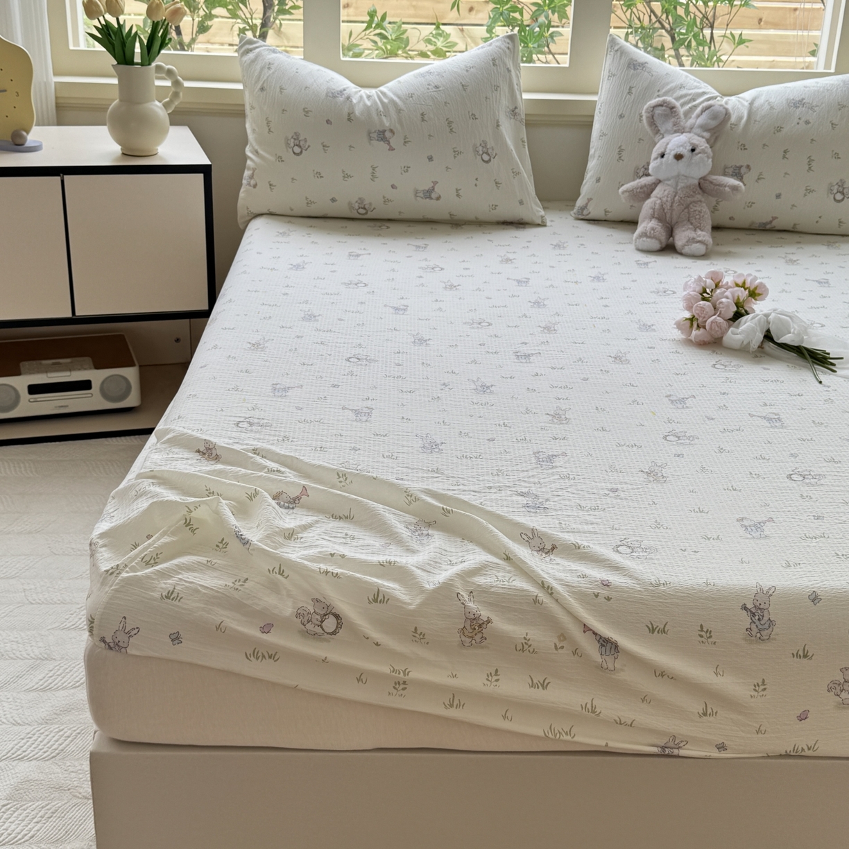 91家纺网 家纺一手货源 找家纺 叠派家纺 2025新款A类双层纱提花单品床笠系列 音乐小兔