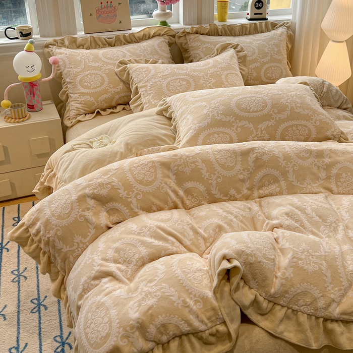 91家纺网 家纺一手货源 找家纺 （总）品乐家纺 2025秋冬新款韩版公主风5D立体雕花牛奶绒四件套