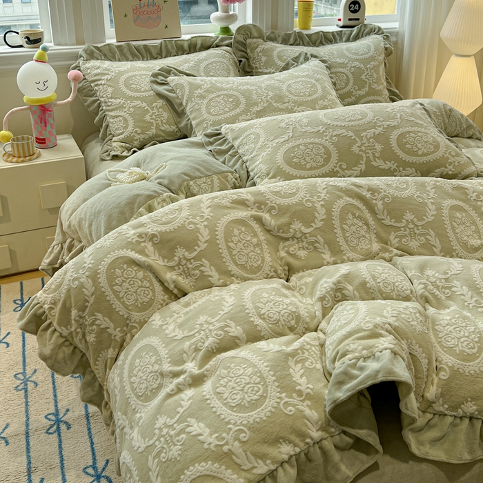 91家纺网 家纺一手货源 找家纺 （总）品乐家纺 2025秋冬新款韩版公主风5D立体雕花牛奶绒四件套