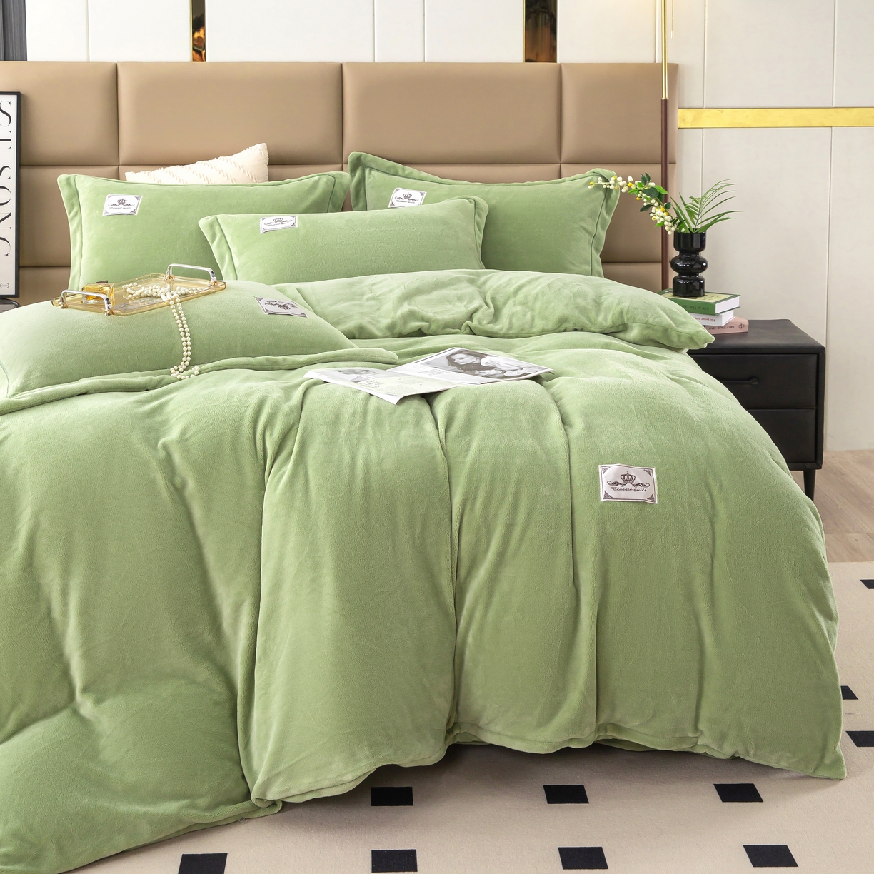 优姿家纺 2025新款加厚全消光牛奶绒印花四件套 抹茶绿