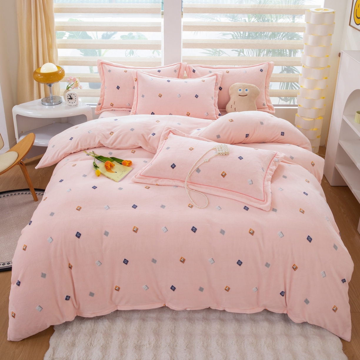 优姿家纺 2025新款加厚全消光牛奶绒印花四件套 怦然心动-粉