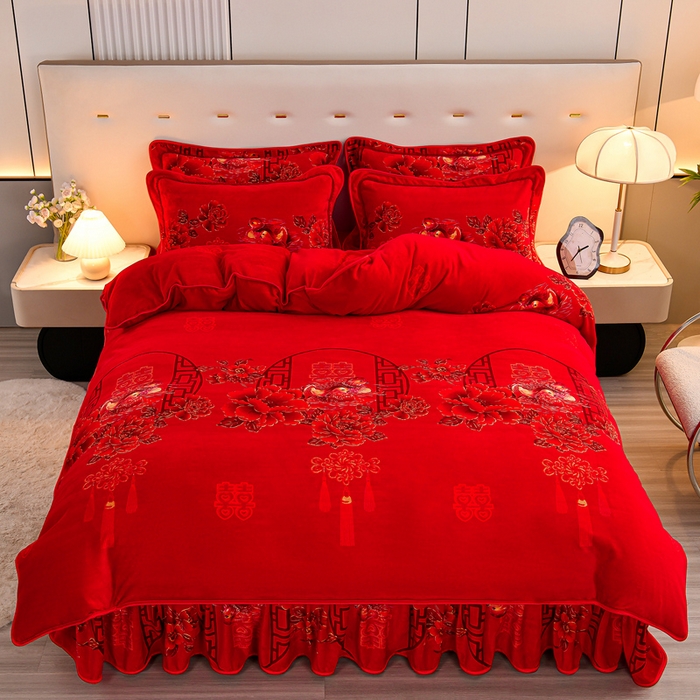 91家纺网 家纺一手货源 找家纺 2025新款加厚直播爆款牛奶绒被套金貂法莱绒单品被套喜结良缘