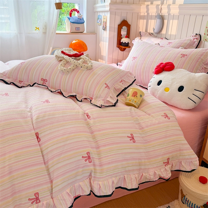 91家纺网 家纺一手货源 找家纺 （总）艾特你 爆款-2025新款云感皱皱双层纱黑色包边四件套花边学生宿舍三件套针织棉