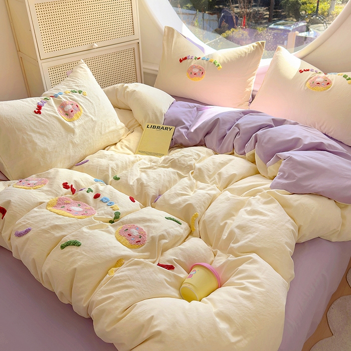 韩秀家纺 2025新款水洗棉毛巾绣云朵棉四件套 甜甜圈-米黄拼浅紫