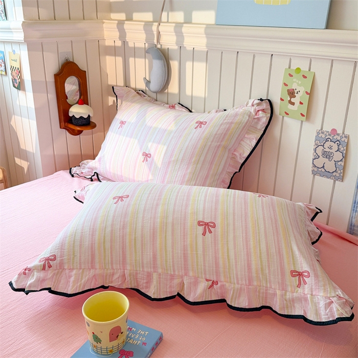 91家纺网 家纺一手货源 找家纺 （总）艾特你 爆款-2025新款云感皱皱双层纱黑色包边四件套花边学生宿舍三件套针织棉