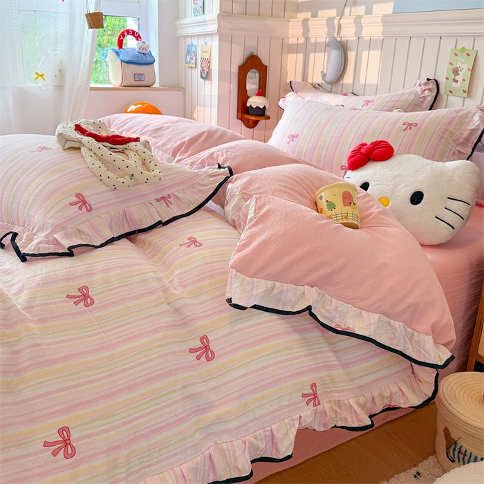 91家纺网 家纺一手货源 找家纺 （总）艾特你 爆款-2025新款云感皱皱双层纱黑色包边四件套花边学生宿舍三件套针织棉