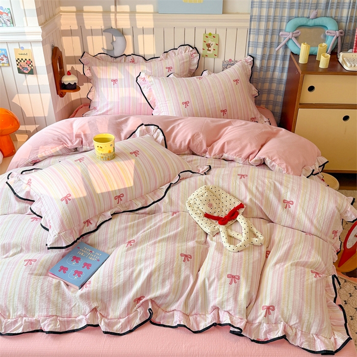 91家纺网 家纺一手货源 找家纺 （总）艾特你 爆款-2025新款云感皱皱双层纱黑色包边四件套花边学生宿舍三件套针织棉