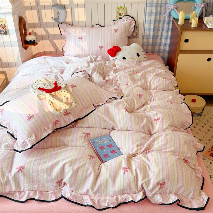 91家纺网 家纺一手货源 找家纺 （总）艾特你 爆款-2025新款云感皱皱双层纱黑色包边四件套花边学生宿舍三件套针织棉