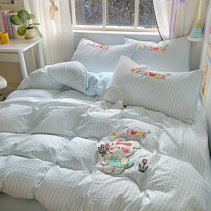 韩秀家纺 2025新款水洗棉毛巾绣云朵棉四件套 可爱兔云兰