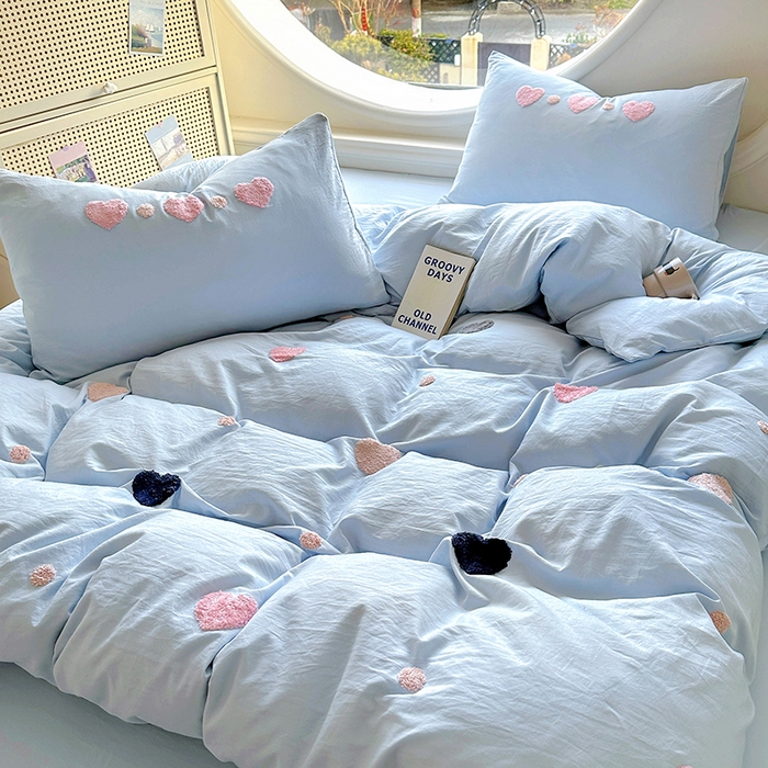 韩秀家纺 2025新款水洗棉毛巾绣云朵棉四件套 心相印浅兰