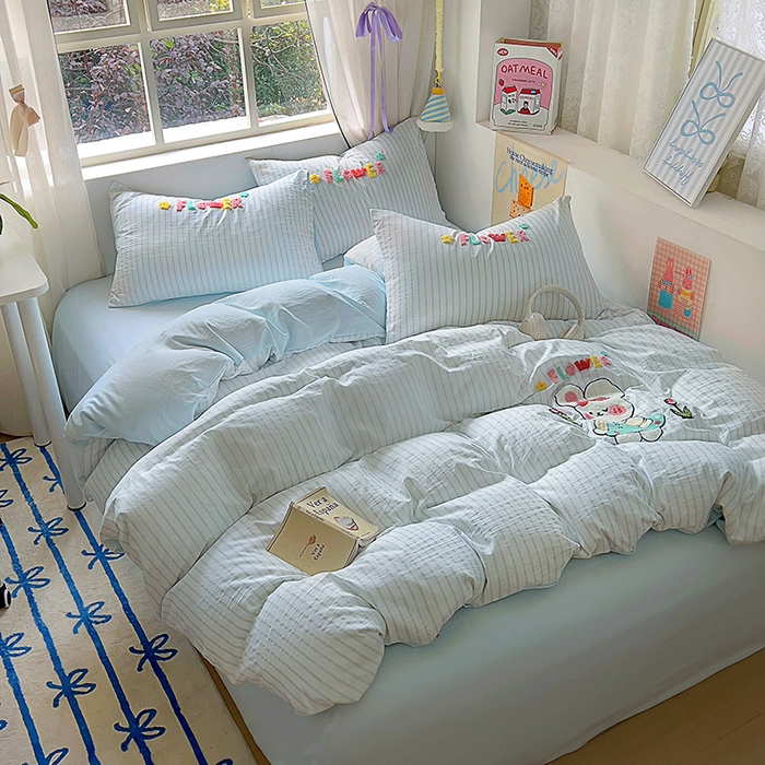 91家纺网 家纺一手货源 找家纺 韩秀家纺 2025新款水洗棉毛巾绣云朵棉四件套 可爱兔云兰