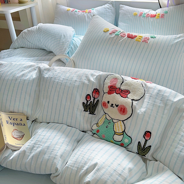91家纺网 家纺一手货源 找家纺 韩秀家纺 2025新款水洗棉毛巾绣云朵棉四件套 可爱兔云兰