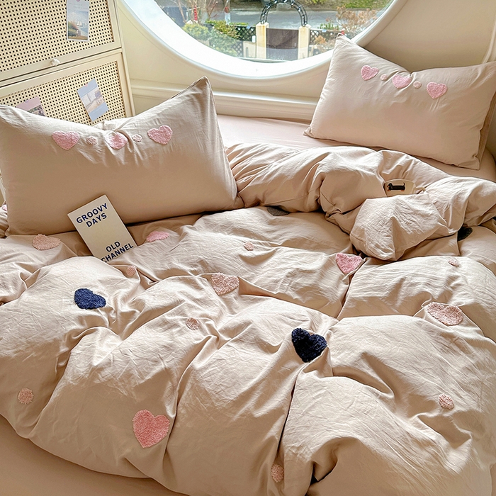 韩秀家纺 2025新款水洗棉毛巾绣云朵棉四件套 心相印奶茶