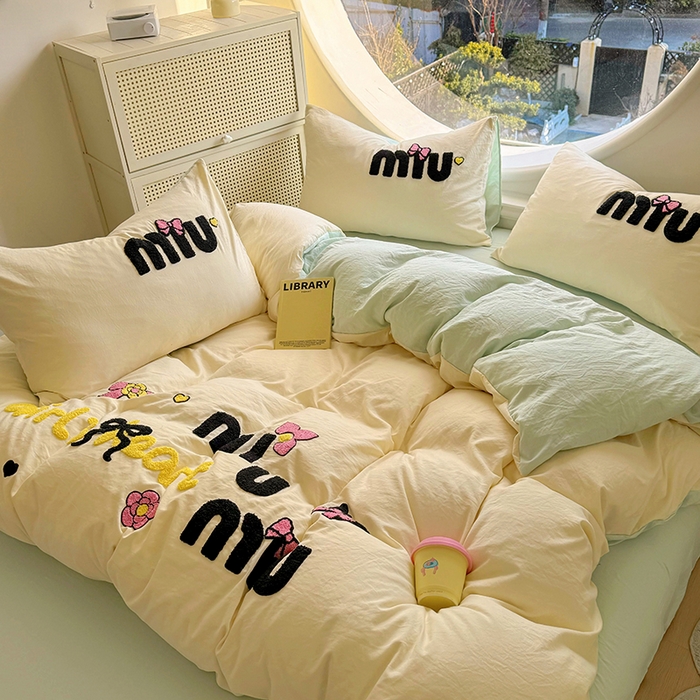 韩秀家纺 2025新款水洗棉毛巾绣云朵棉四件套 mini蝴蝶结-米+浅绿