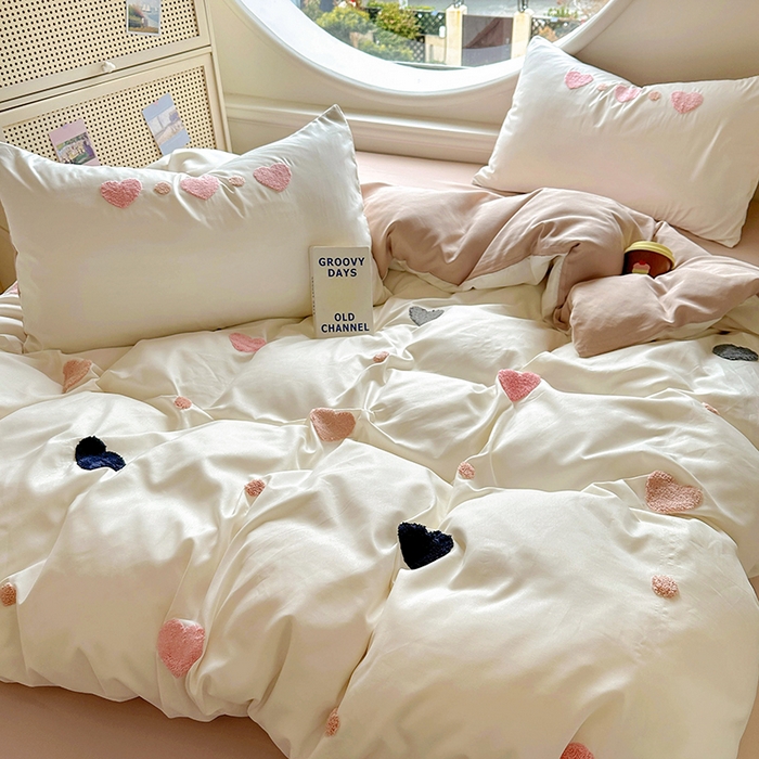 韩秀家纺 2025新款水洗棉毛巾绣云朵棉四件套 心相印米拼奶茶