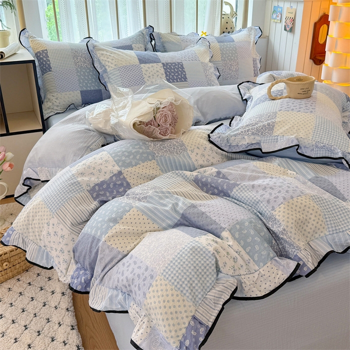 91家纺网 家纺一手货源 找家纺 艾特你 2025新款云感皱皱双层纱黑色包边四件套 黑边-半亩花田