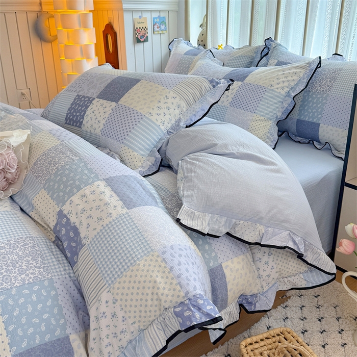 91家纺网 家纺一手货源 找家纺 艾特你 2025新款云感皱皱双层纱黑色包边四件套 黑边-半亩花田