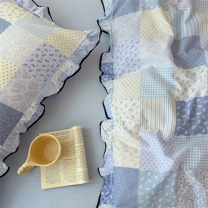 91家纺网 家纺一手货源 找家纺 艾特你 2025新款云感皱皱双层纱黑色包边四件套 黑边-半亩花田