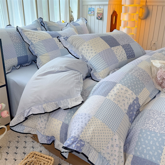 91家纺网 家纺一手货源 找家纺 艾特你 2025新款云感皱皱双层纱黑色包边四件套 黑边-半亩花田