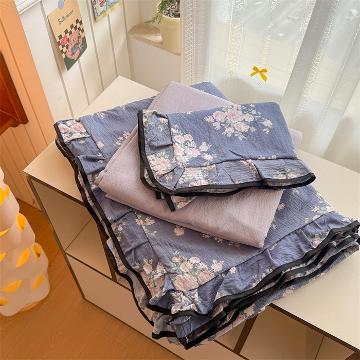 91家纺网 家纺一手货源 找家纺 艾特你 2025新款云感皱皱双层纱黑色包边四件套 黑边-豆蔻